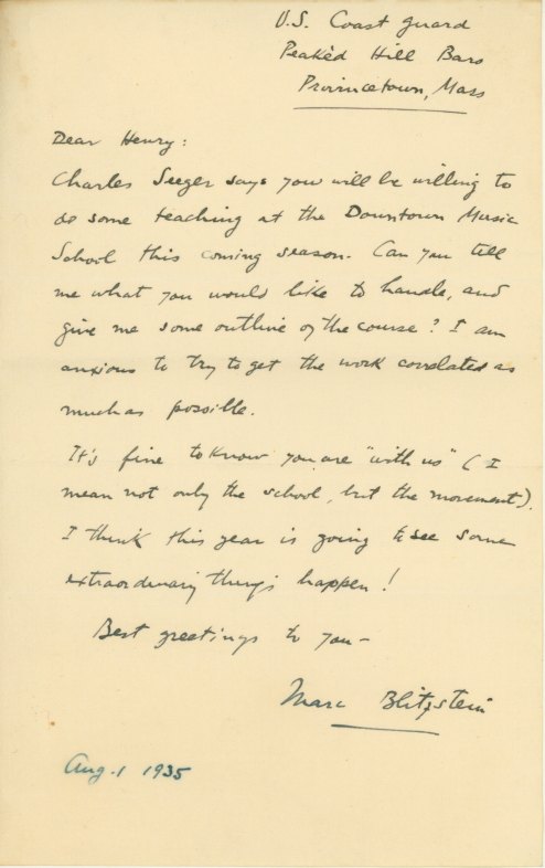 Blitzstein, Marc - Autograph Letter to Henry Cowell Signed
