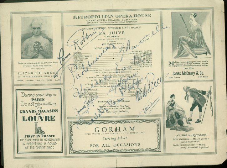 Metropolitan Opera Signed 1928 Program Of Die Aegyptische Helena - La Juive On Verso. - (2405)