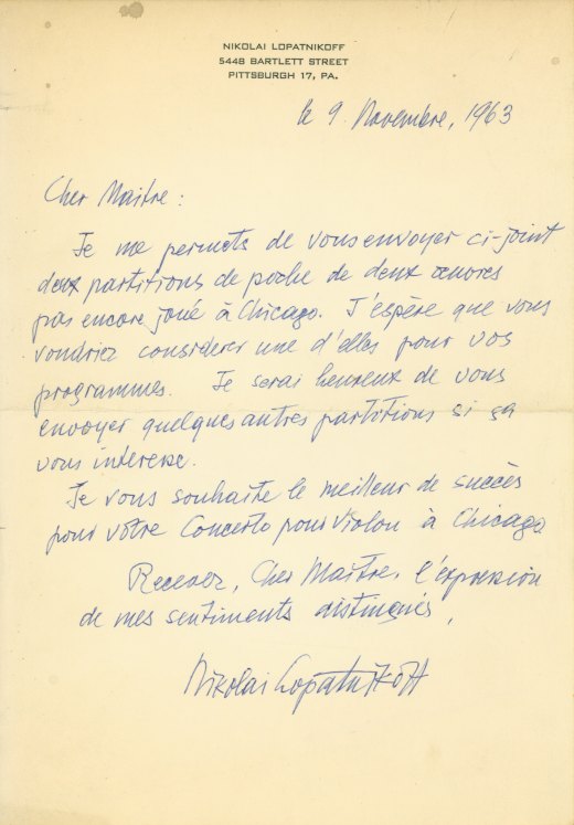 Lopatnikov, Nikolai - Autograph Letter Signed
