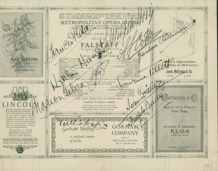 Metropolitan Opera Signed 1925 Program Of Falstaff - La Juive On Verso. - (2435)