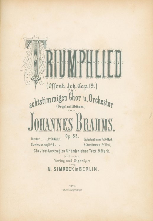Brahms, Johannes - Triumphlied, Op. 55. Clavier-Aufzug im Oktavformat.