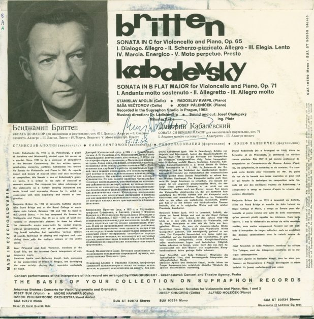 Britten, Benjamin - LP Recording Signed By Britten And Kabalevsky. - (4315)