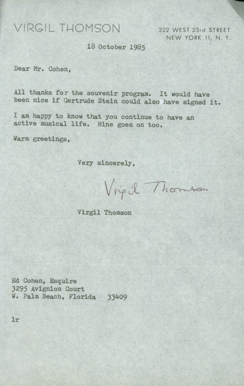 Thomson, Virgil - "Mother of Us All" Program Signed "Virgil Thomson"