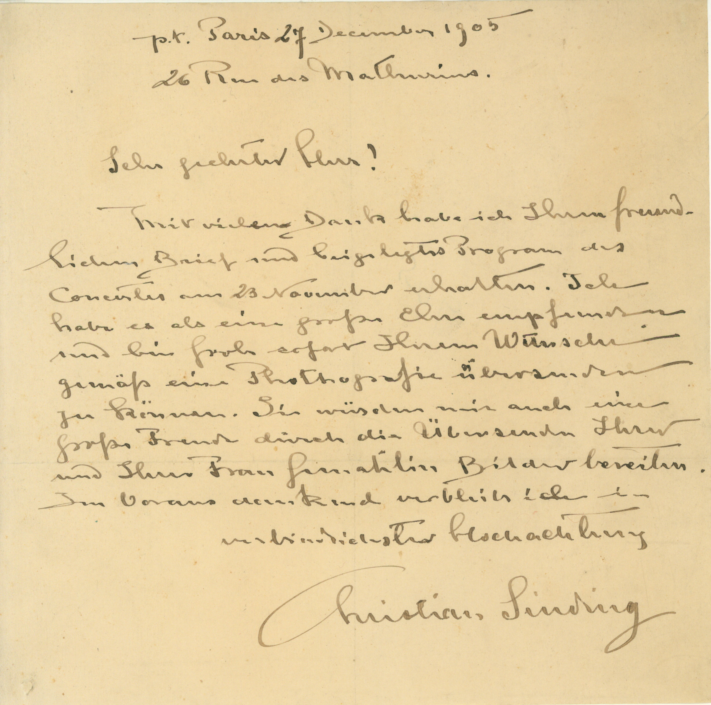 Sinding, Christian - Autograph Letter Signed