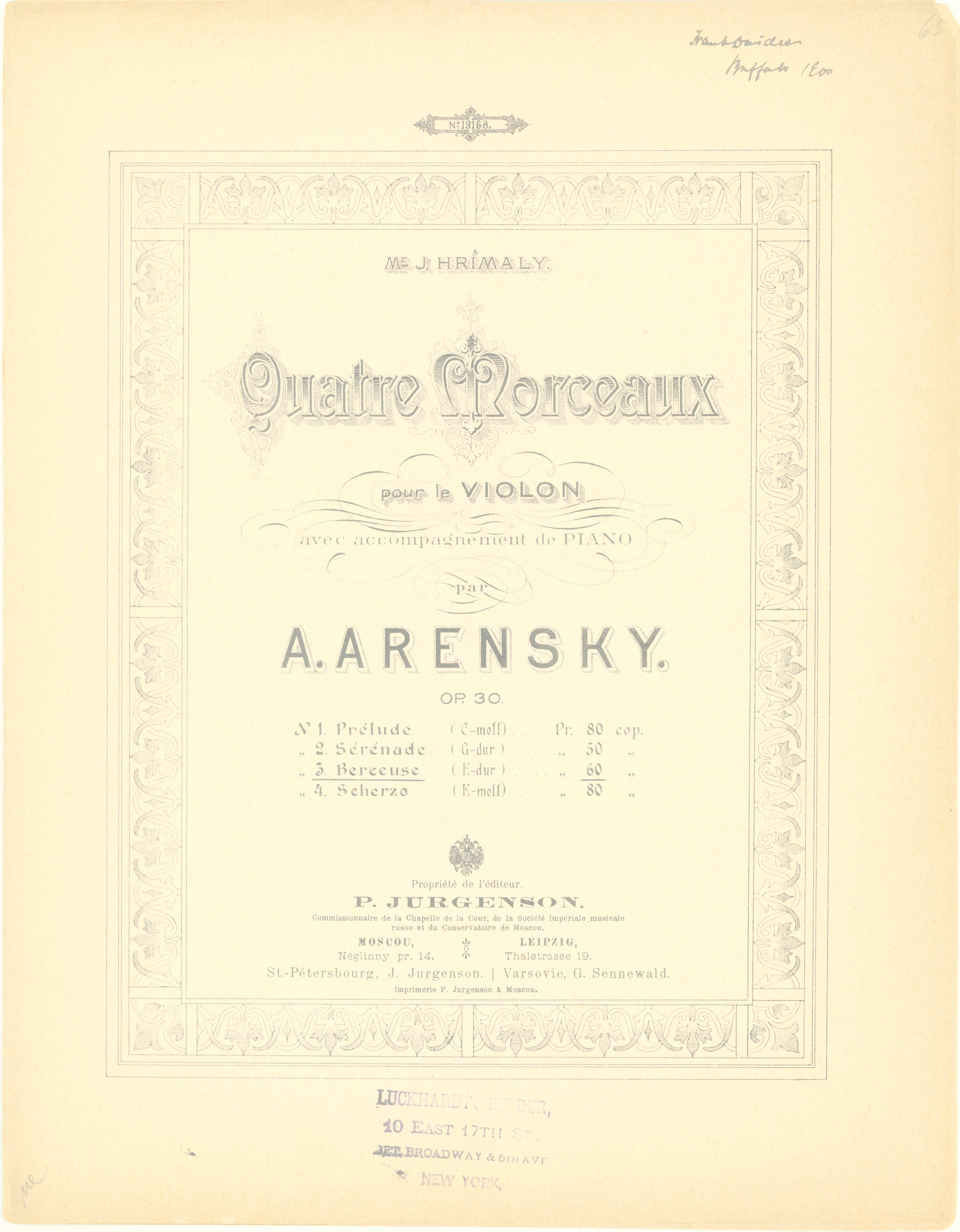 Arensky, Anton - Quatre Morceaux Pour Le Violon Avec Accompangement De Pian... - (7598)