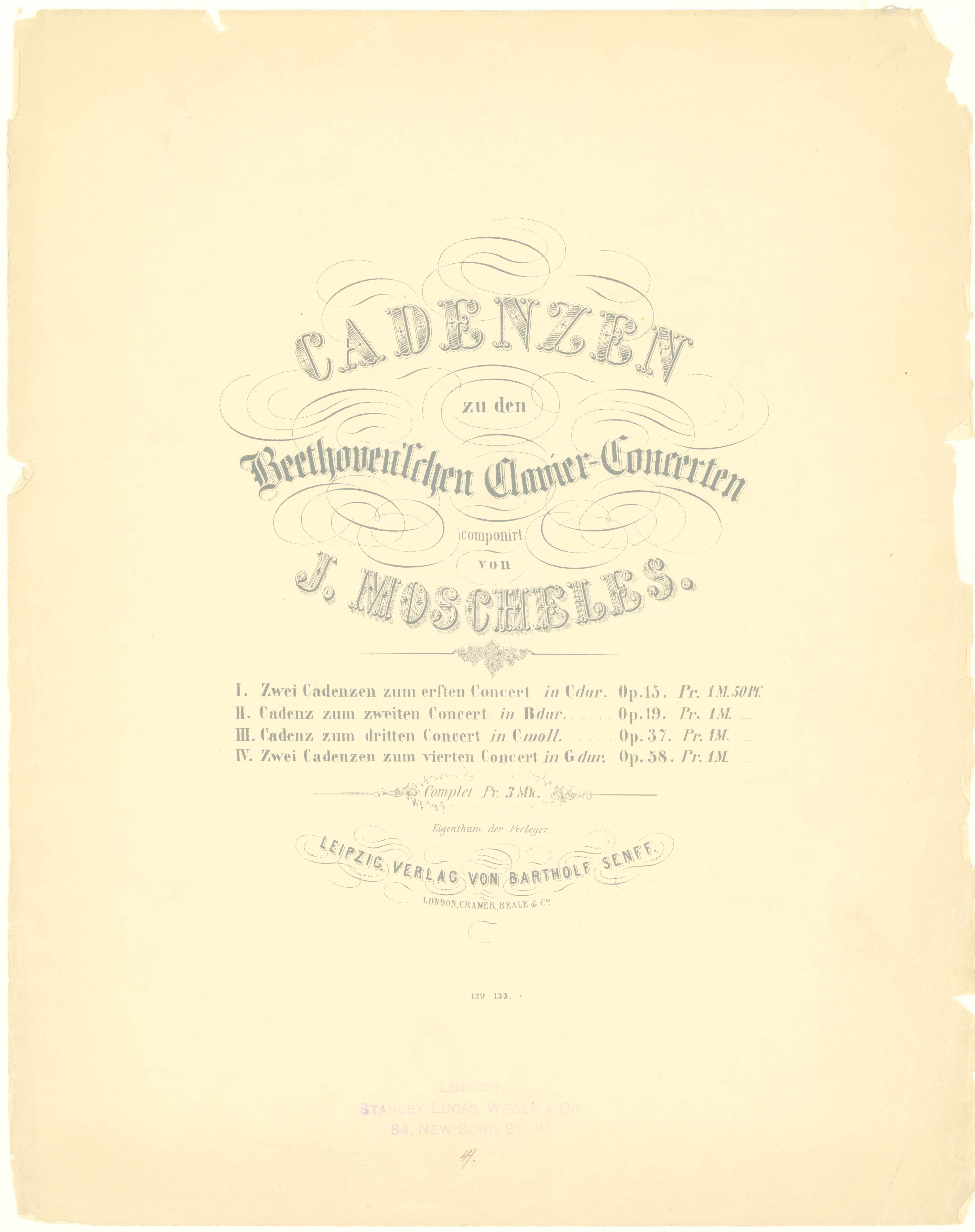 Moscheles, Felix - Cadenzen Zu Den Beethoven'schen Clavier-Concerten: Zwei Cadenzen Zum... - (7663)