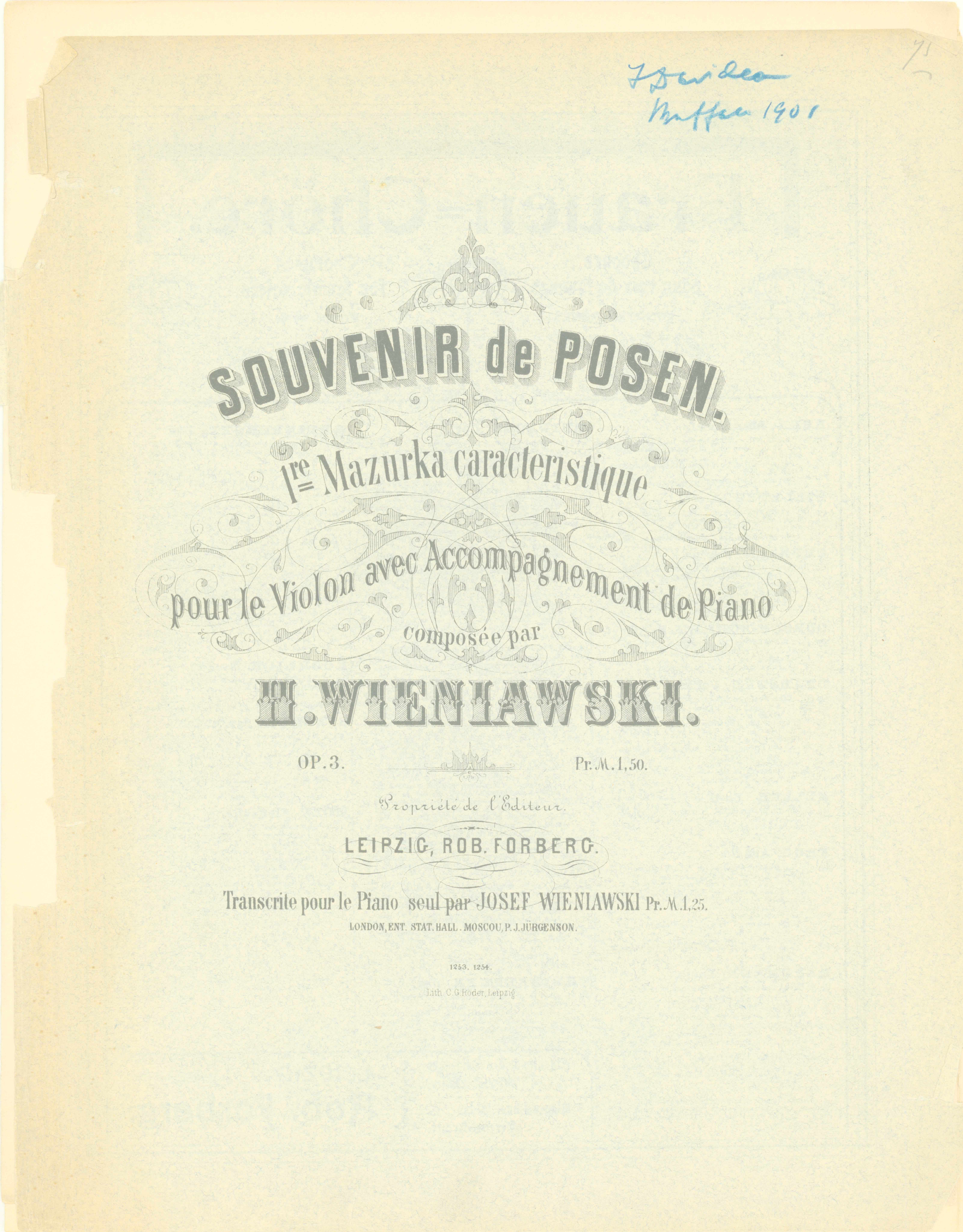Wieniawski, Henryk - Souvenir De Posen. 1re Mazurka Caracteristique Pour Le Violon Avac... - (7736)