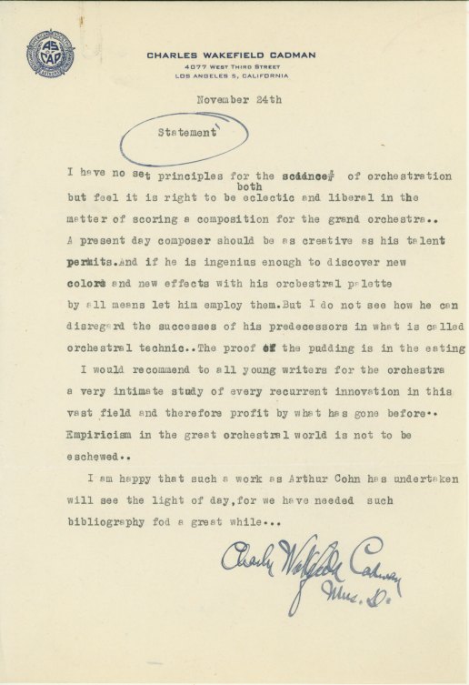 Cadman, Charles Wakefield - Typed Statement Signed