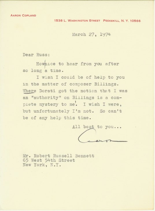 Copland, Aaron - Typed Letter Signed