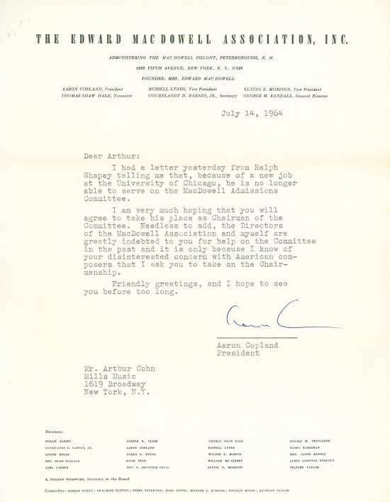 Copland, Aaron - Typed Letter Signed