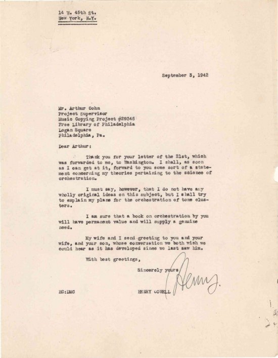 Cowell, Henry - Two Typed Signed Letters Signed