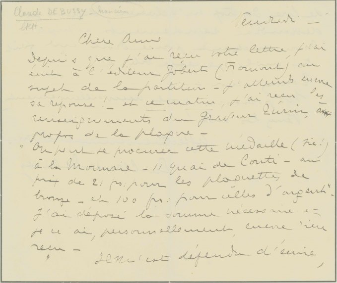 Debussy, Claude - Letter Written for Him During Illness
