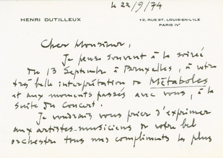 Dutilleux, Henri - Autograph Letter Signed