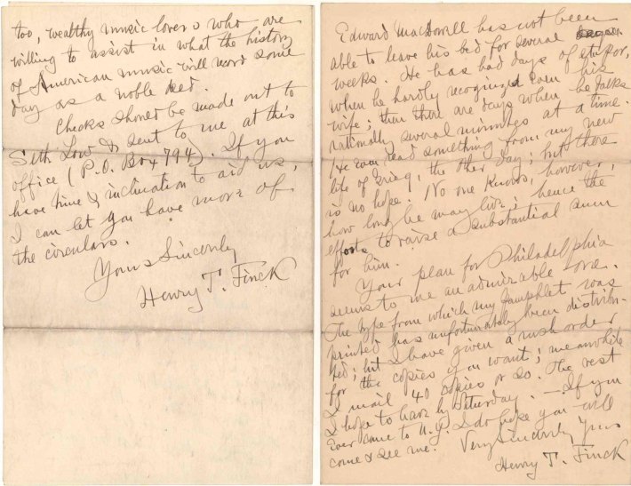 MACDOWELL'S TRAGIC ILLNESS - Finck, Henry T. - Group of 4 letters