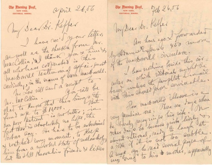 MACDOWELL'S TRAGIC ILLNESS - Finck, Henry T. - Group of 4 letters