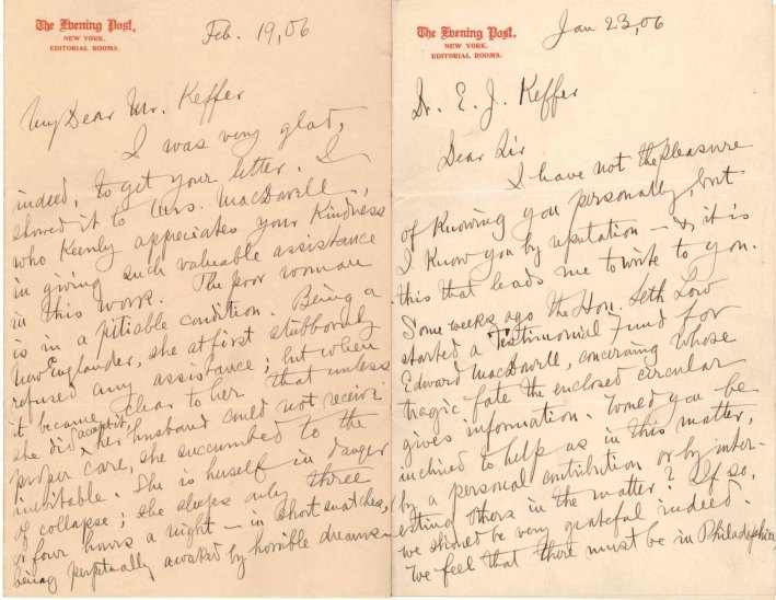 MACDOWELL'S TRAGIC ILLNESS - Finck, Henry T. - Group of 4 letters