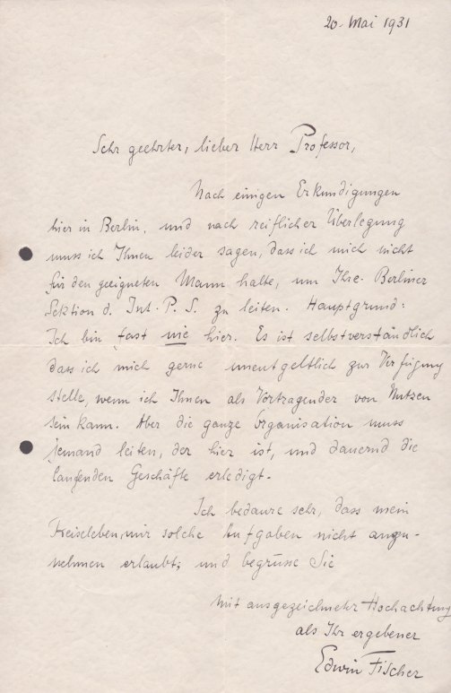 Fischer, Edwin - Autograph Letter Signed