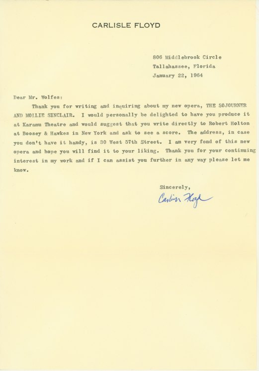 Floyd, Carlisle - Typed Letter Signed