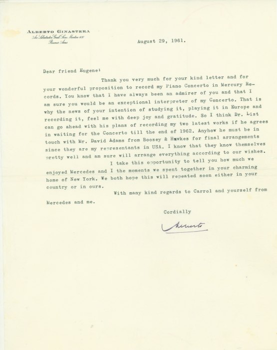 Ginastera, Alberto - Typed Letter Signed