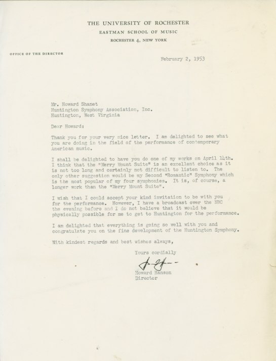 Hanson, Howard - Typed Letter Signed