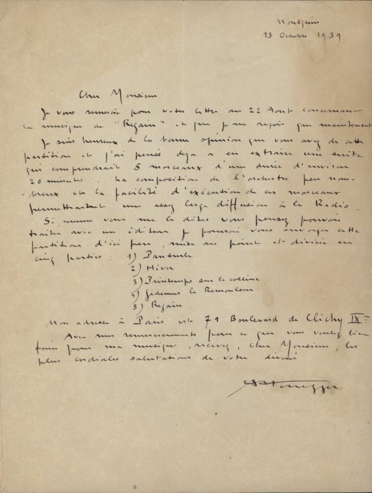 Honegger, Arthur - Autograph Letter Signed