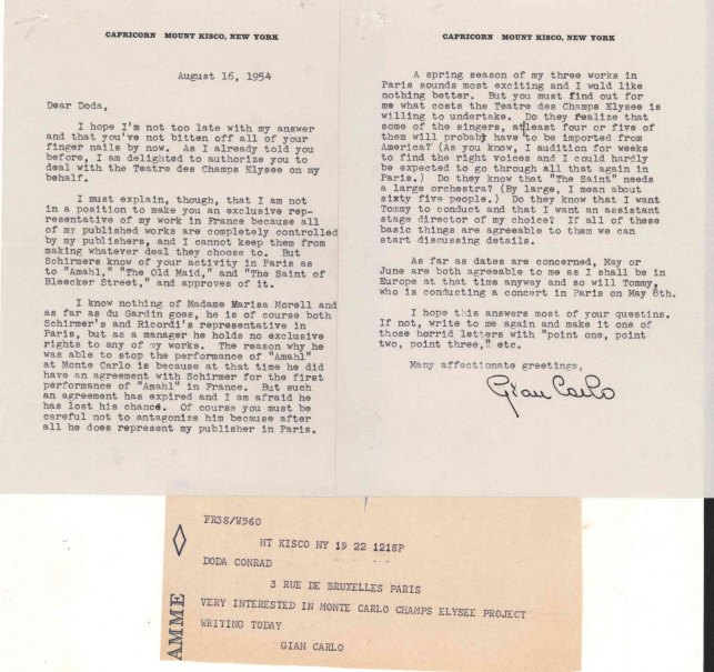 Menotti, Gian Carlo - Two TLS & Telegram Regarding Performances Abroad