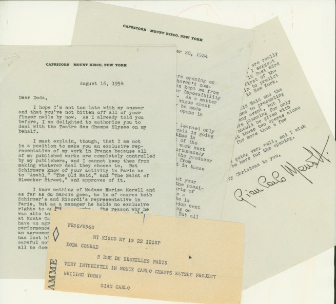 Menotti, Gian Carlo - Two TLS & Telegram Regarding Performances Abroad