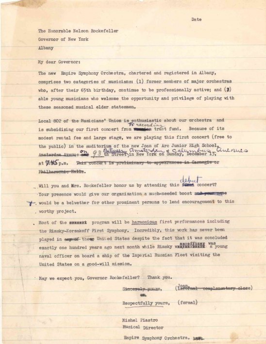 Piastro, Mishel - Typed Unsigned Draft Letter to Nelson Rockefeller