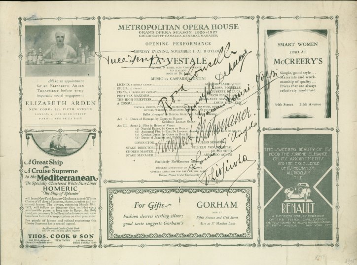 METROPOLITAN OPERA SIGNED 1926 PROGRAM OF SPONTINI'S LA VESTALE -