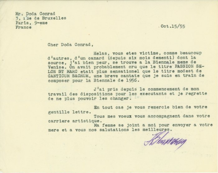 Stravinsky, Igor - Typed Letter Signed