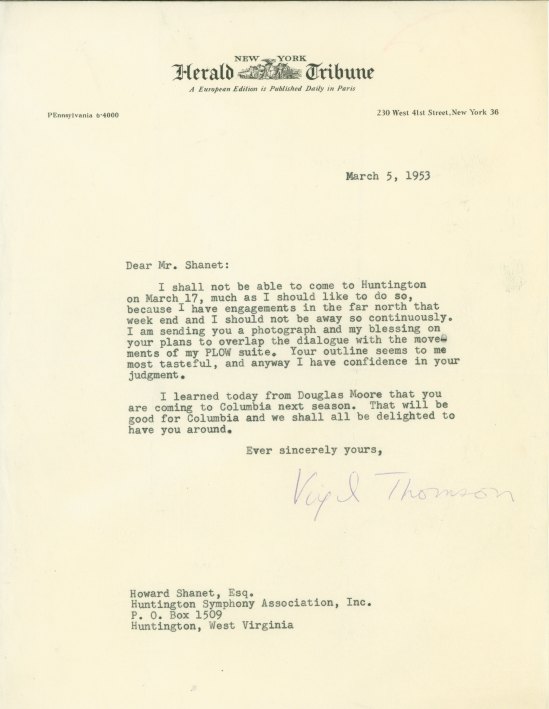 Thomson, Virgil - Typed Letter Signed