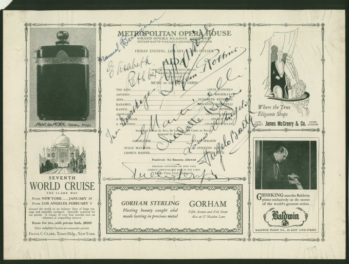 METROPOLITAN OPERA SIGNED 1927 PROGRAM OF AIDA - Program signed by