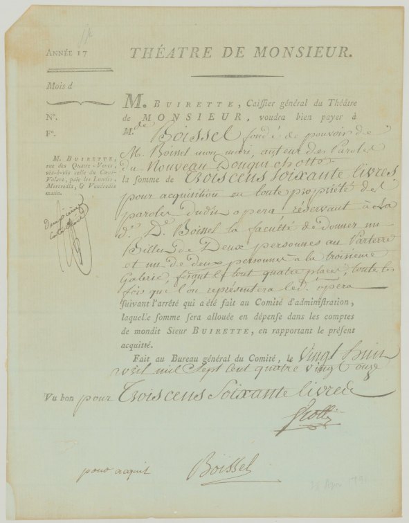 Viotti, Giovanni Battista - Receipt for Libretto, Signed