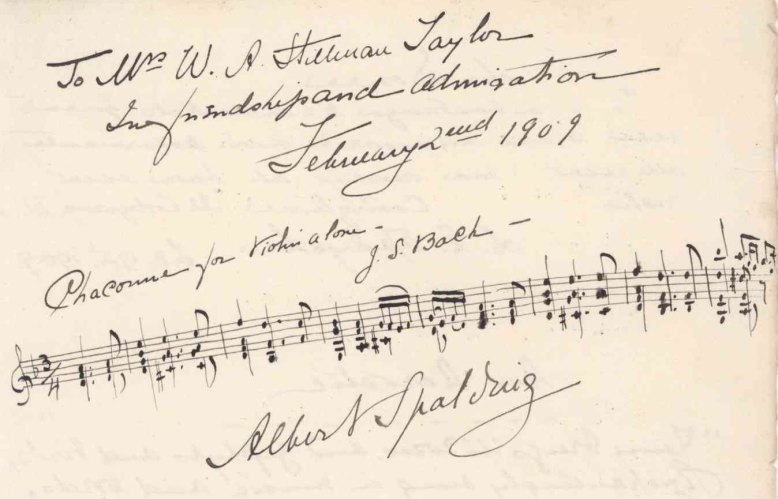 Spalding, Albert - Autograph Musical Quotation of Bach Chaconne Signed