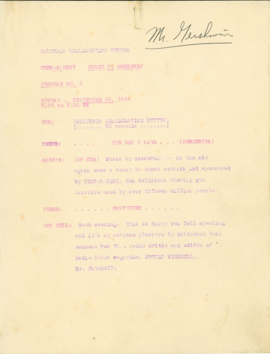 Gershwin, George - Typed Radio Script with Gershwin's Corrections.