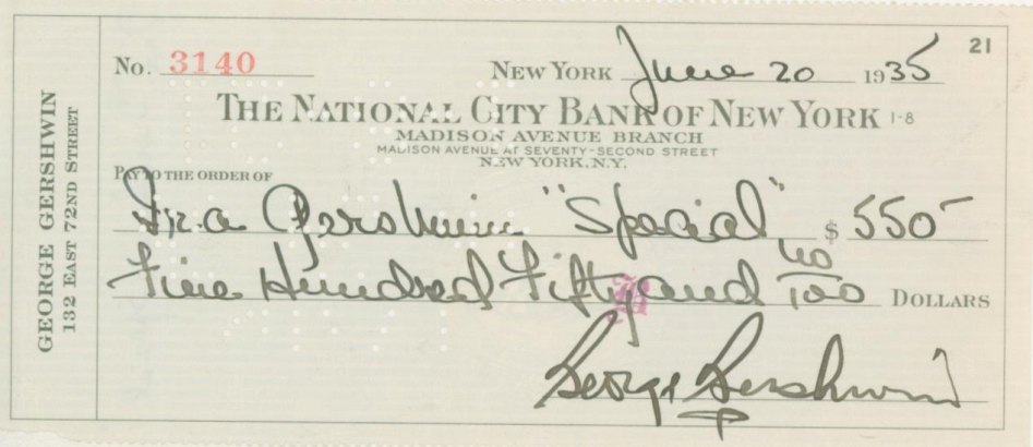 Gershwin, George - Signatures of George and Ira on a Bank Check.