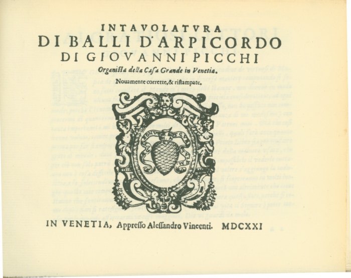 Picchi, Giovanni - Intavolatura di Balli d'Arpicordo. Venezia 1621