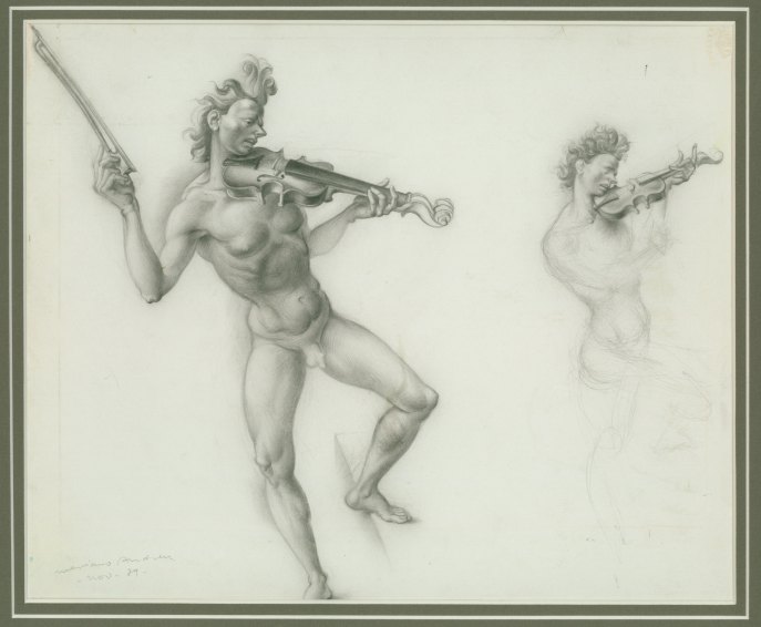 VIOLIN - ORIGINAL DRAWING OF A NUDE VIOLINIST - Andreu, Mariano