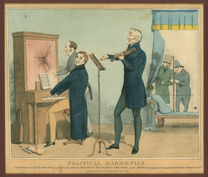 ENGLISH CARICATURE - POCHETTE & VERTICAL PIANO - "Political Harmonics"