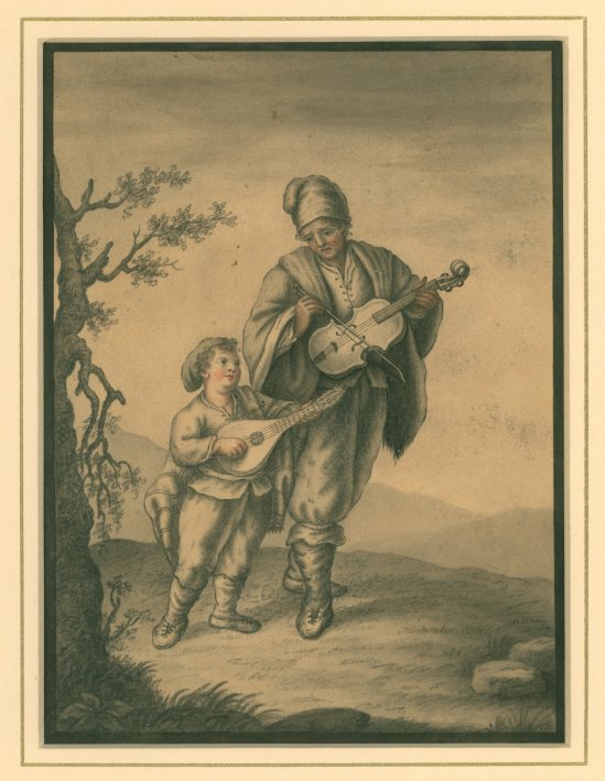 ORIGINAL DRAWING OF INSTRUMENTALISTS - man and child with lute and