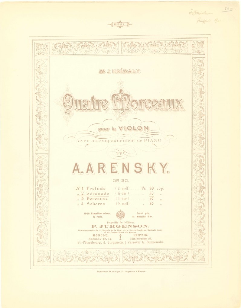 Arensky, Anton - Quatre Morceaux pour le Violon avec accompangement de