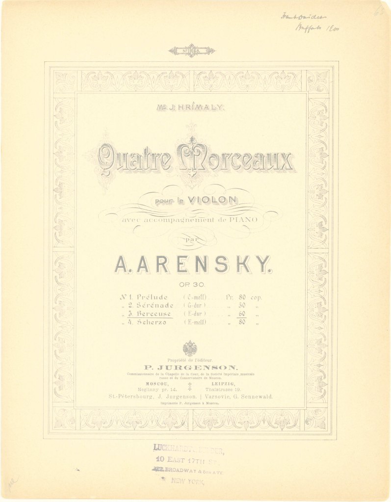 Arensky, Anton - Quatre Morceaux pour le Violon avec accompangement de