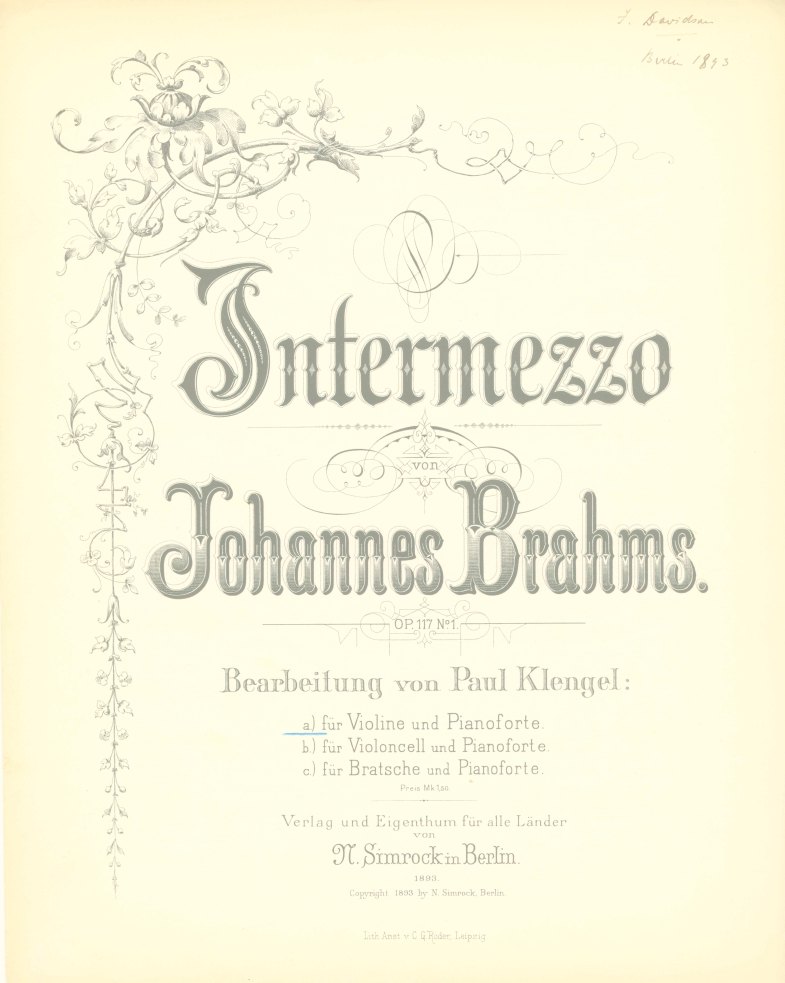 Brahms, Johannes - Intermezzo. Op. 117, No. 1. Bearbeitung von Paul