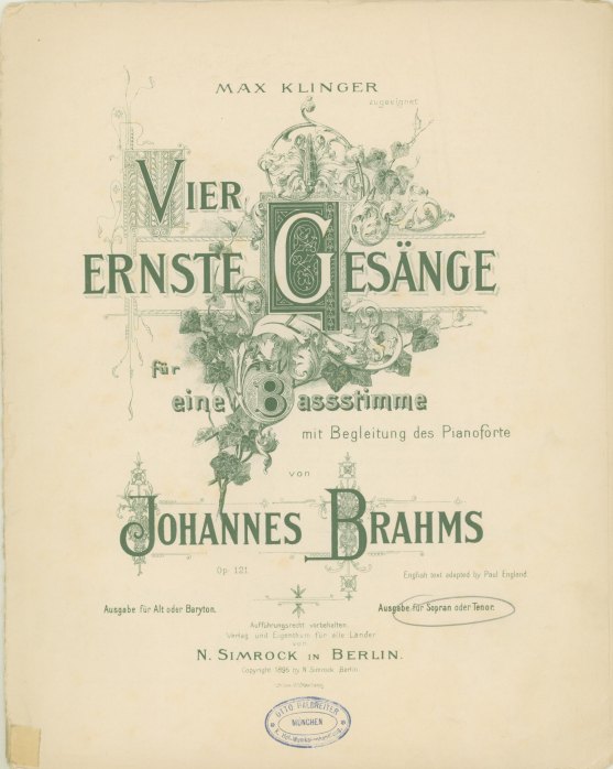 Brahms, Johannes - Vier Ernste Gesänge für eine Bassstimme, op. 121.