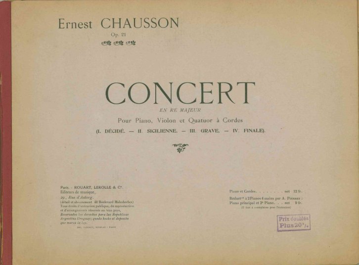 Chausson, Ernest - Concerto en Ré Majeur, pour Piano, Violon et