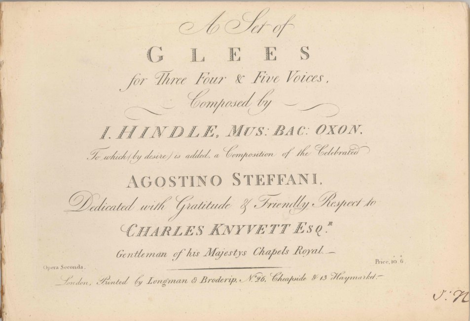 Hindle, Johann - A Set of Glees for Three, Four, & Five Voices. Op. 2.