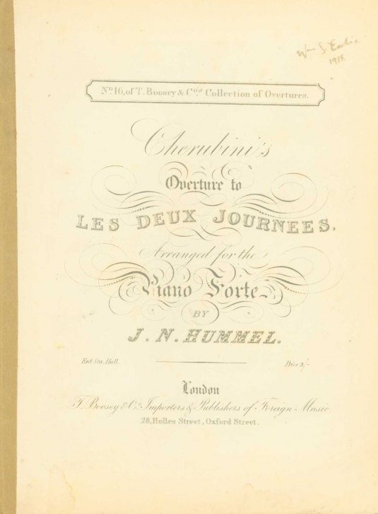 Hummel, Johann N. - Cherubini's Overture to Les Deux Journees, Arranged