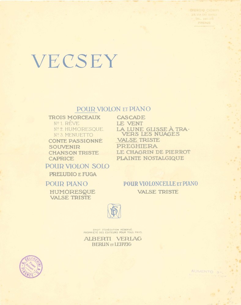 Vecsey, F. Von - Valse Triste. Pour Violon et Piano. [Including cello
