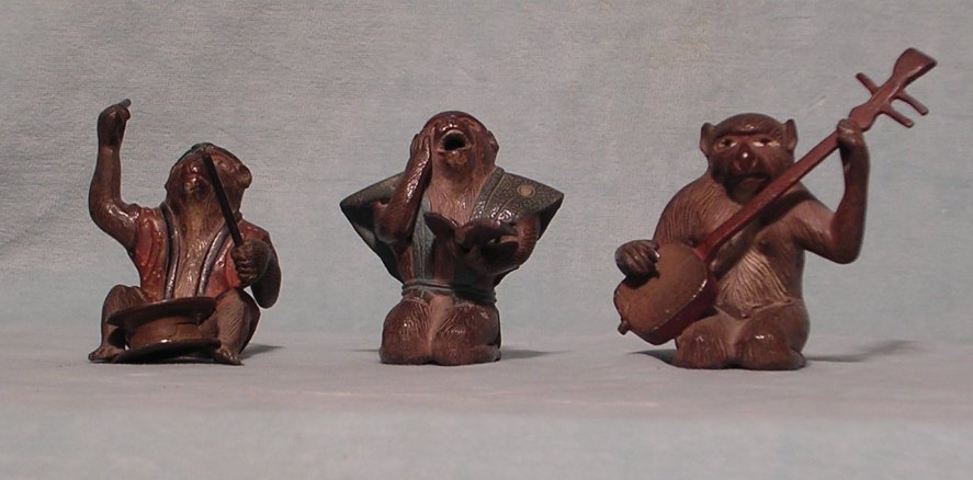 JAPANESE BRONZE MONKEY  FIGURINES WITH INSTRUMENTS