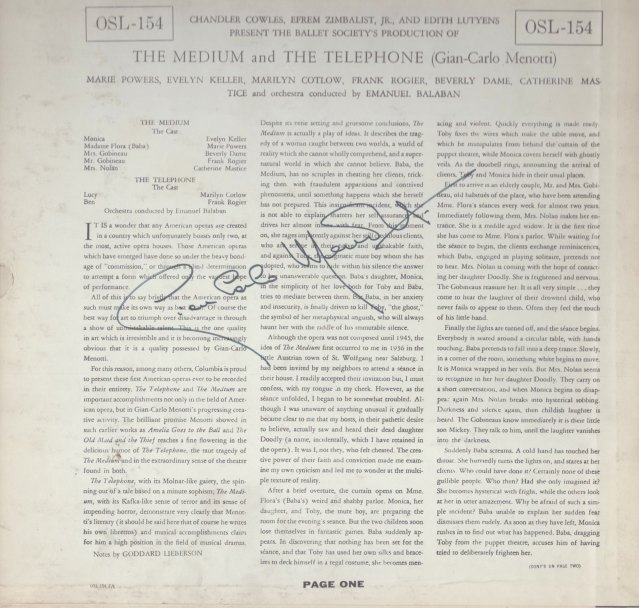 Menotti, Gian Carlo - LP Recording Signed Gian Carlo Menotti.